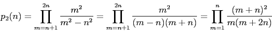 p2(n) = [...] = PRODUCT m=1..n ((m+n)^2)/(m*(m+2n))