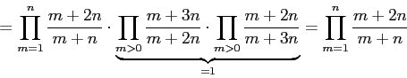 [...] = PRODUCT m=1..n (m+2n)/(m+n)